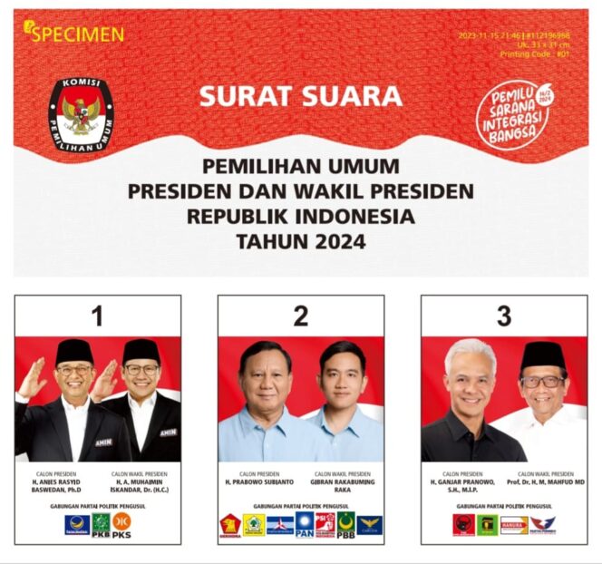 
KPU RI Resmi Tetapkan Desain Surat Suara Pilpres 2024