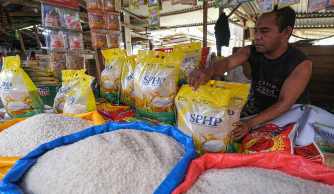 
Pedagang menata beras SPHP di Pasar Sentral Kendari, Sulawesi Tenggara, Selasa (15/7/2025). Perum Bulog Kantor Wilayah Sulawesi Tenggara mencatat ketersediaan cadangan beras stabilisasi pasokan dan harga pangan (SPHP) di wilayah itu sebanyak 11,7 ribu ton yang akan disalurkan selama periode Juli hingga Desember 2025. ANTARA FOTO/Andry Denisah/bar